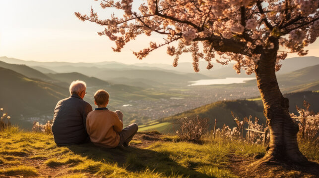 Grandfather and Grandson Enjoying Mountain View at Sunset