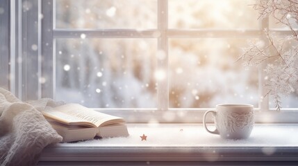 Winter background with cup of coffee and book on the window. Christmas greeting card concept