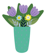 Flowers in the flat cartoon design. These flat design violet flowers presented in a cute style - an element of a set captured in this illustration. Vector illustration.