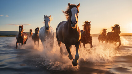  In the early morning, a herd of wild horses gallops along a beach, their hooves splashing water, illuminated by the stunning sunrise lighting. The scene is a breathtaking blend of nature and freedom. - obrazy, fototapety, plakaty