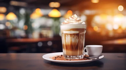Selbstklebende Fototapeten Mocca coffee with cream on top of a glass with warm coffee drink with pumpkin spice or cinnamon, whipped milk foam and chocolate in a coffee shop or restaurant free copy space © ND STOCK