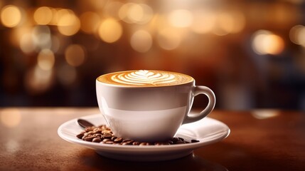 Obraz premium Mocca coffee with cream on top of a glass with warm coffee drink with pumpkin spice or cinnamon, whipped milk foam and chocolate in a coffee shop or restaurant free copy space