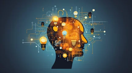 Foto op Plexiglas Creative mind, brainstorm. Abstract human head silhouette and hand holding bulb lamp surrounded geometric shapes. Team connecting puzzle symbolized creative idea on blueprint. Vector illustrationn © Jalal