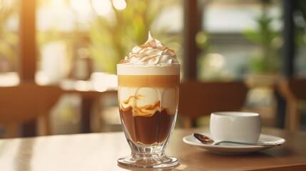 Mocca coffee with cream on top of a glass with warm coffee drink with pumpkin spice or cinnamon, whipped milk foam and chocolate in a coffee shop or restaurant free copy space