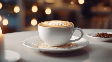 Mocca coffee with cream on top of a glass with warm coffee drink with pumpkin spice or cinnamon, whipped milk foam and chocolate in a coffee shop or restaurant free copy space