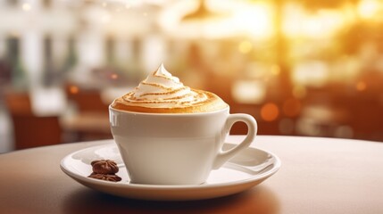 Mocca coffee with cream on top of a glass with warm coffee drink with pumpkin spice or cinnamon, whipped milk foam and chocolate in a coffee shop or restaurant free copy space