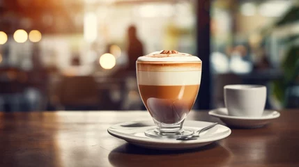 Gordijnen Mocca coffee with cream on top of a glass with warm coffee drink with pumpkin spice or cinnamon, whipped milk foam and chocolate in a coffee shop or restaurant free copy space © ND STOCK