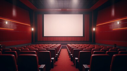 Empty movie theatre. Cinema hall with white screen and red chairs. Modern movies theater for festivals and films presentation. Interior design.