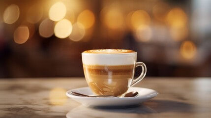 Fototapeta premium Mocca coffee with cream on top of a glass with warm coffee drink with pumpkin spice or cinnamon, whipped milk foam and chocolate in a coffee shop or restaurant free copy space