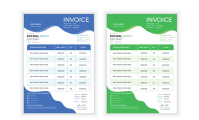 Business invoice form template. Invoicing quotes, money bills or price invoices and payment agreement design templates. Tax form, bill graphic or payment receipt page vector 