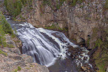 Close up of the Gibbon Falls flowing over the caldera rim in Yellowstone National Park