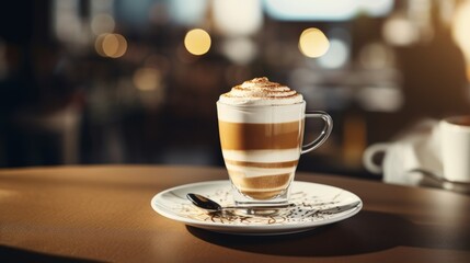 Mocca coffee with cream on top of a glass with warm coffee drink with pumpkin spice or cinnamon, whipped milk foam and chocolate in a coffee shop or restaurant free copy space - obrazy, fototapety, plakaty
