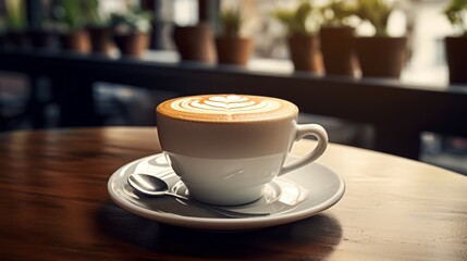 Obraz premium Mocca coffee with cream on top of a glass with warm coffee drink with pumpkin spice or cinnamon, whipped milk foam and chocolate in a coffee shop or restaurant free copy space