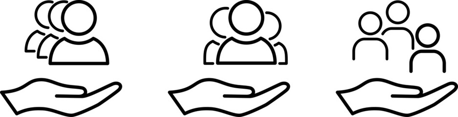 Set of line icons of group of people on palm as an employee protection and inclusive workplace concept
