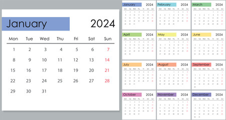 Calendar 2024 on english language, week start on Monday