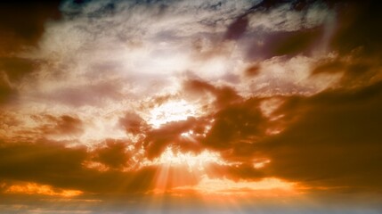 allegory of doomsday, the sun between red clouds, emitting rays, like a bad omen, diffuser filter, conceptual photo,