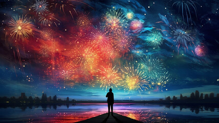 A spectacular display of colorful fireworks in the night sky on New Year's Day. - obrazy, fototapety, plakaty