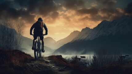 Silhouette of mountain bike rider in wild nature landscape.