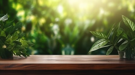 wood table green wall background with sunlight window create leaf shadow on wall with blur indoor green plant foreground.panoramic banner mockup for display of product.eco friendly interior concept