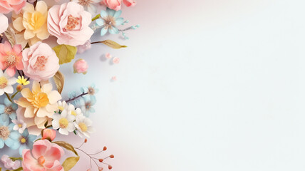 Background pastel colored flowers in the corner with wide copy space for text