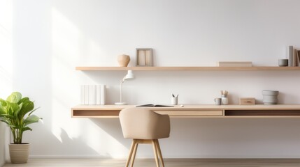 Fototapeta na wymiar Cozy Minimalist Home Office with Light Oak Desk