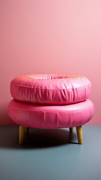 Naklejki Artificial food decor, unusual donut sofa, bright and unusual. Pink and blue colors.