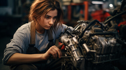 Young female mechanic working on the repair of a car