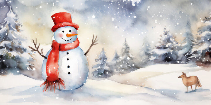 Christmas watercolor background. Christmas card. Adorable winter snowman postcard
