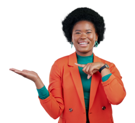 Happy black woman, portrait and pointing to palm or isolated on transparent png background. Face of African female person show advertisement in marketing, list and sale discount for advertising