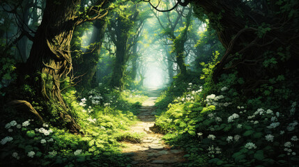 Fototapeta premium Illustration of overgrown mystical forest path background. 