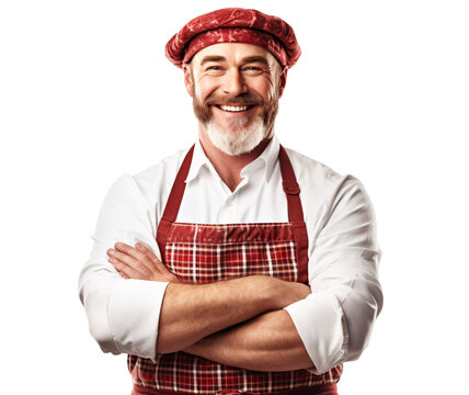 a portrait of arms crossed Butcher showing pride in his profession or job PNG, a Meat Clerk, Meat Cutter, or Meat Specialist with a uniform photo or image isolated on a transparent background