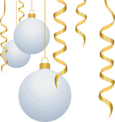 Boules de Noël blanches avec serpentins et suspensions en or - obrazy, fototapety, plakaty