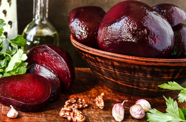 Boiled red beets, organic dietary vegetables on a plate. Dietary products, the concept of healthy nutrition. Ingredients for the salad.