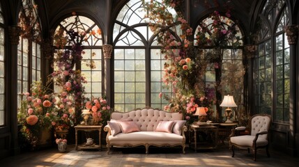 Fototapeta na wymiar Victorian-style conservatory with ornate sofa and lush floral arrangements by expansive arched windows.