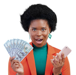 Isolated black woman, money fan and phone for wow, shock or portrait by transparent png background....