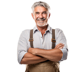 a portrait of arms crossed rancher or farmer showing pride in his profession or job isolated on a transparent background, professional agriculturalist or peasant with a uniform photo or image PNG - obrazy, fototapety, plakaty