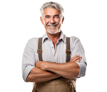 a portrait of arms crossed rancher or farmer showing pride in his profession or job isolated on a transparent background, professional agriculturalist or peasant with a uniform photo or image PNG