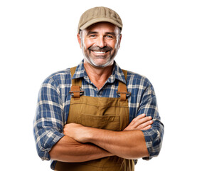 a portrait of arms crossed farmer or rancher showing pride in his profession or job isolated on a transparent background, professional agriculturalist or peasant with a uniform photo or image PNG - obrazy, fototapety, plakaty
