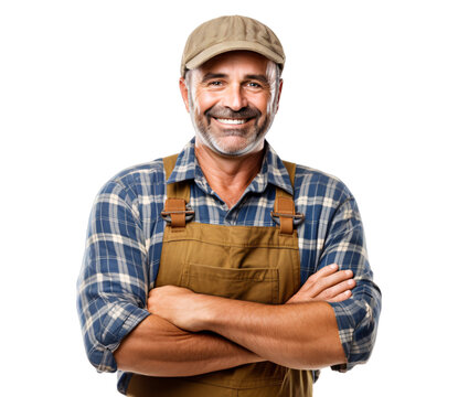 a portrait of arms crossed farmer or rancher showing pride in his profession or job isolated on a transparent background, professional agriculturalist or peasant with a uniform photo or image PNG