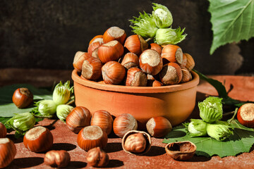 Hazelnuts in a clay bowl on a dark background. Hazelnut fruits. Fresh hazelnuts in ceramic dishes, brown background.