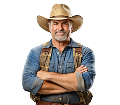 a portrait of arms crossed rancher or farmer showing pride in his profession or job isolated on a transparent background, professional agriculturalist or peasant with a uniform photo or image PNG