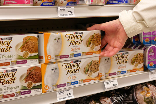 Woman buying Purina fancy feast variety pack inside London drugs store