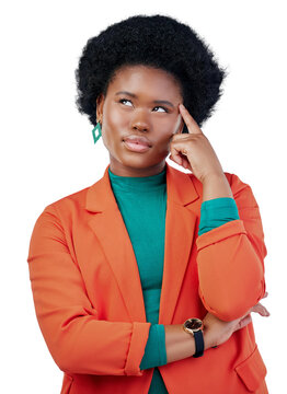 Thinking, confused and black woman with why, questions or how to on isolated, transparent or png background. Doubt, face and African female model with emoji gesture for memory, forget or guess option