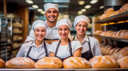 Cheerful bakery staff presenting artisan breads on counter. 