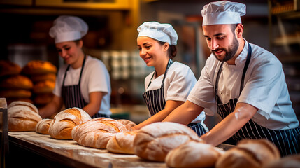 Bakery team arranging fresh bread loaves on display. 