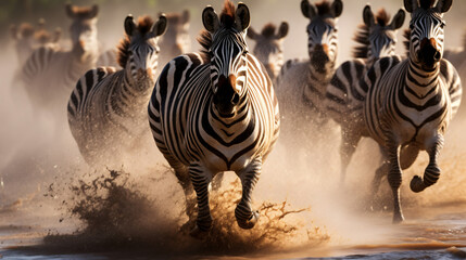 Fototapeta na wymiar Zebras running through the African