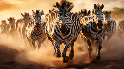 Zebras running through the African