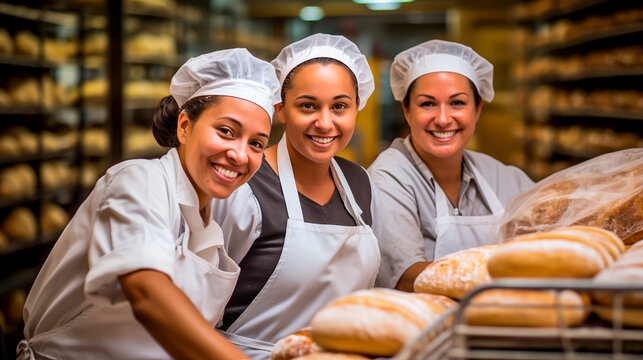 Diverse bakery team with freshly baked bread, joyful.
