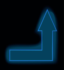 Neon arrow in cartoon style. This blue arrow symbol, brilliantly brought to life by neon lights against a striking black background. Vector illustration.
