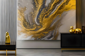 luxury fluid pour art varied and balanced abstract subject matter featuring the colours chinese white neutural tint lamp black and glitter gold